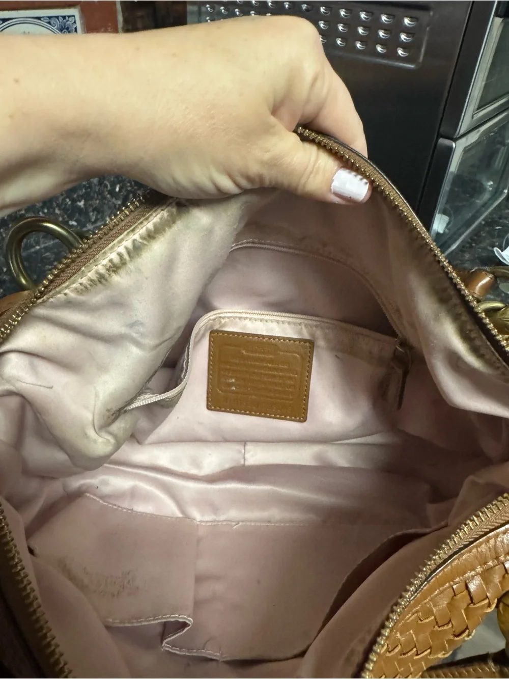 Coach Kristin Woven Leather Round Satchel F23048 Cognac Crossbody-Project Bag